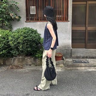 Checked shirred sleeveless blouse