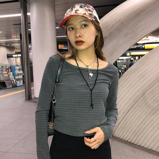 Striped U-neck long-sleeve T-shirt