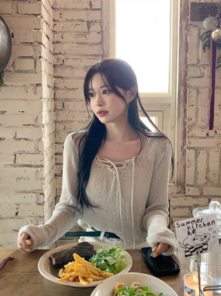 [2pcs] Boucle string V-neck knit