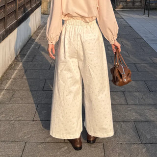 Flower pattern wide-leg pants with elastic waistband