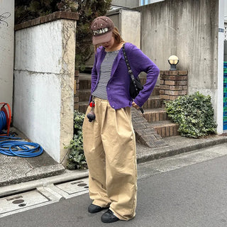 Double-pleated cotton wide-leg pants