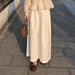 Flower pattern wide-leg pants with elastic waistband