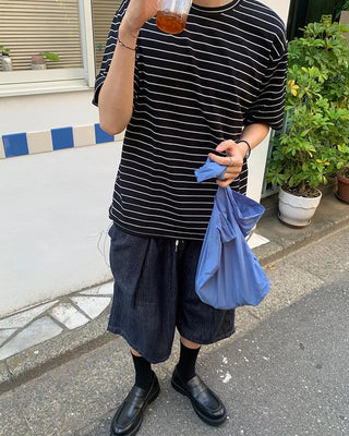 (Unisex) Pleated Wide Denim Bermuda Shorts