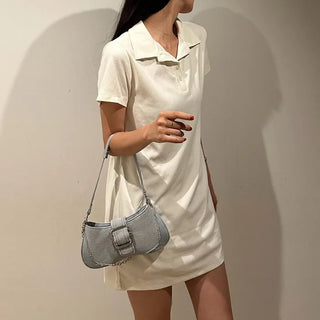 Denim buckle shoulder bag