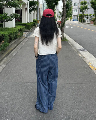 Striped linen elastic waist pants
