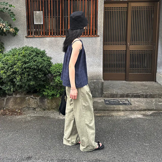 Checked shirred sleeveless blouse