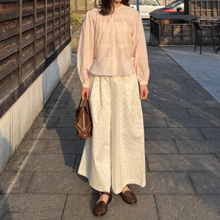 Flower pattern wide-leg pants with elastic waistband