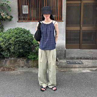 Checked shirred sleeveless blouse