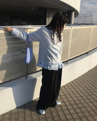 Two-pleat, center-creased wide-leg slacks