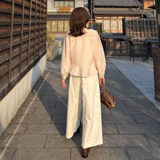 Flower pattern wide-leg pants with elastic waistband
