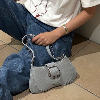 Denim buckle shoulder bag