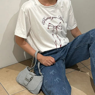 Denim buckle shoulder bag