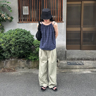 Checked shirred sleeveless blouse