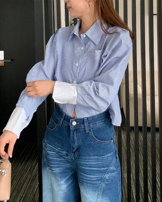 Striped two-tone cropped shirt