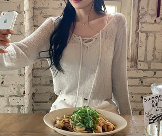 [2pcs] Boucle string V-neck knit
