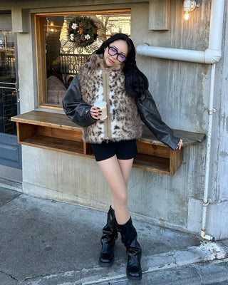 Leopard Fur High Neck Reversible Double Zip Vest