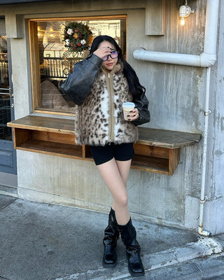 Leopard Fur High Neck Reversible Double Zip Vest