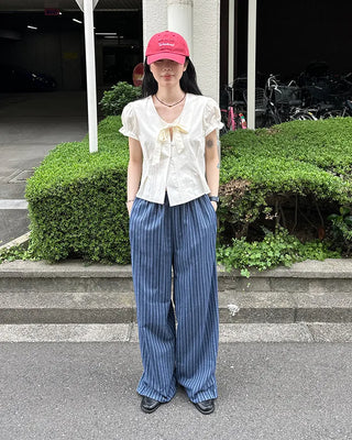 Striped linen elastic waist pants