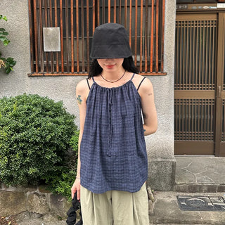 Checked shirred sleeveless blouse