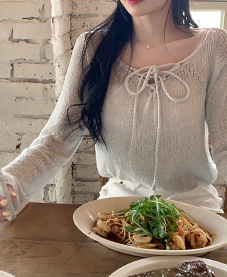 [2pcs] Boucle string V-neck knit
