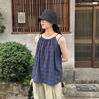 Checked shirred sleeveless blouse