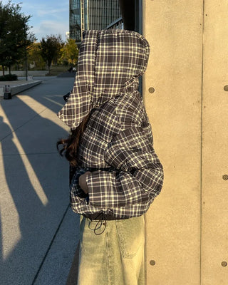 Tartan check hooded short down jacket