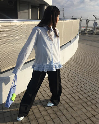 Two-pleat, center-creased wide-leg slacks