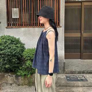 Checked shirred sleeveless blouse
