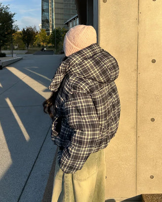 Tartan check hooded short down jacket