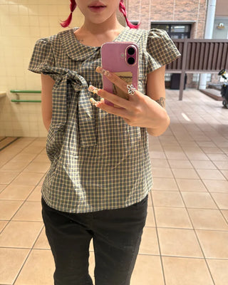 Cap puff sleeve ribbon flare blouse
