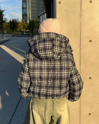 Tartan check hooded short down jacket