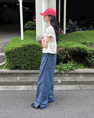 Striped linen elastic waist pants