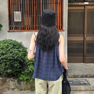 Checked shirred sleeveless blouse
