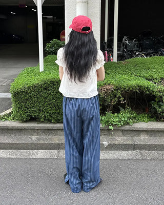 Striped linen elastic waist pants