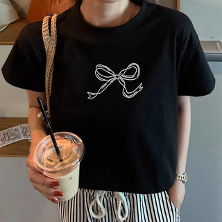 Ribbon short-sleeved cropped T-shirt
