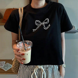 Ribbon short-sleeved cropped T-shirt