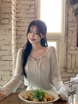 [2pcs] Boucle string V-neck knit