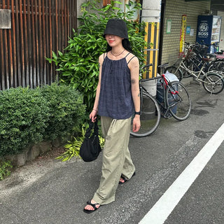 Checked shirred sleeveless blouse
