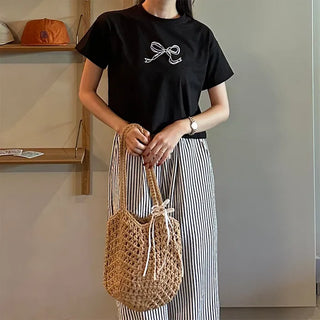 Ribbon short-sleeved cropped T-shirt