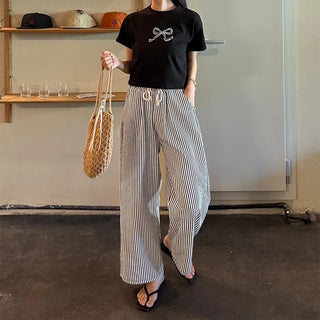 Ribbon short-sleeved cropped T-shirt