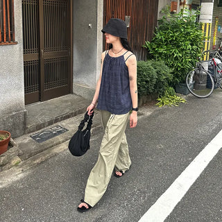 Checked shirred sleeveless blouse