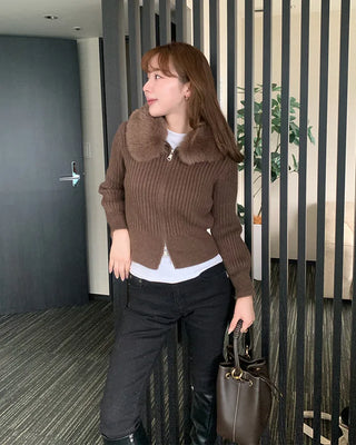 Fur collar knit cardigan