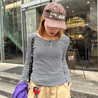 Striped U-neck long-sleeve T-shirt