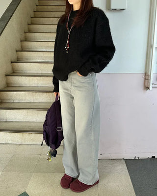 Washed light gray straight jeans