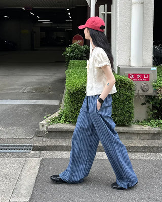 Striped linen elastic waist pants