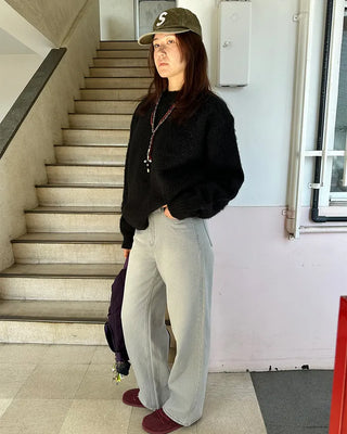 Washed light gray straight jeans