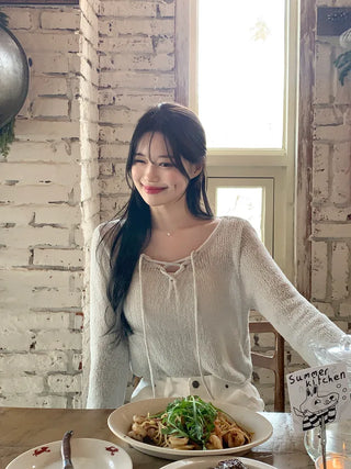 [2pcs] Boucle string V-neck knit