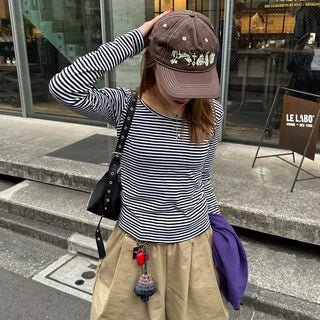 Striped U-neck long-sleeve T-shirt