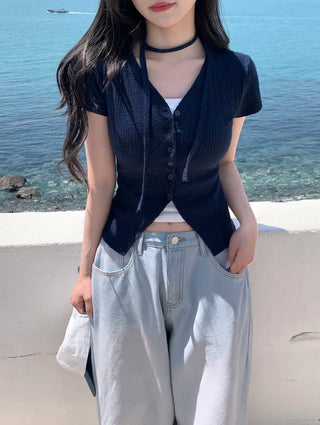 Slim Tie Short-Sleeve Cardigan Set