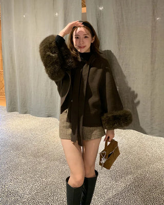 Tie cape fur jacket